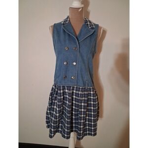 Vtg In Design Denim Plaid Dress Medium Blue Double Breasted Sleeveless 90s *READ